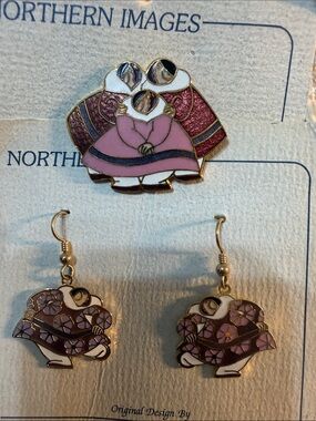 Vintage B Lavallee Purple Floral w Family Enamel Earrings & brooch set Guc